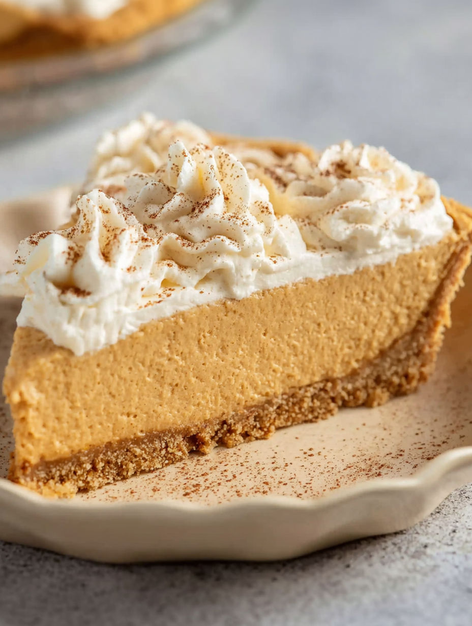 A slice of pumpkin pie with whipped cream on a plate.
