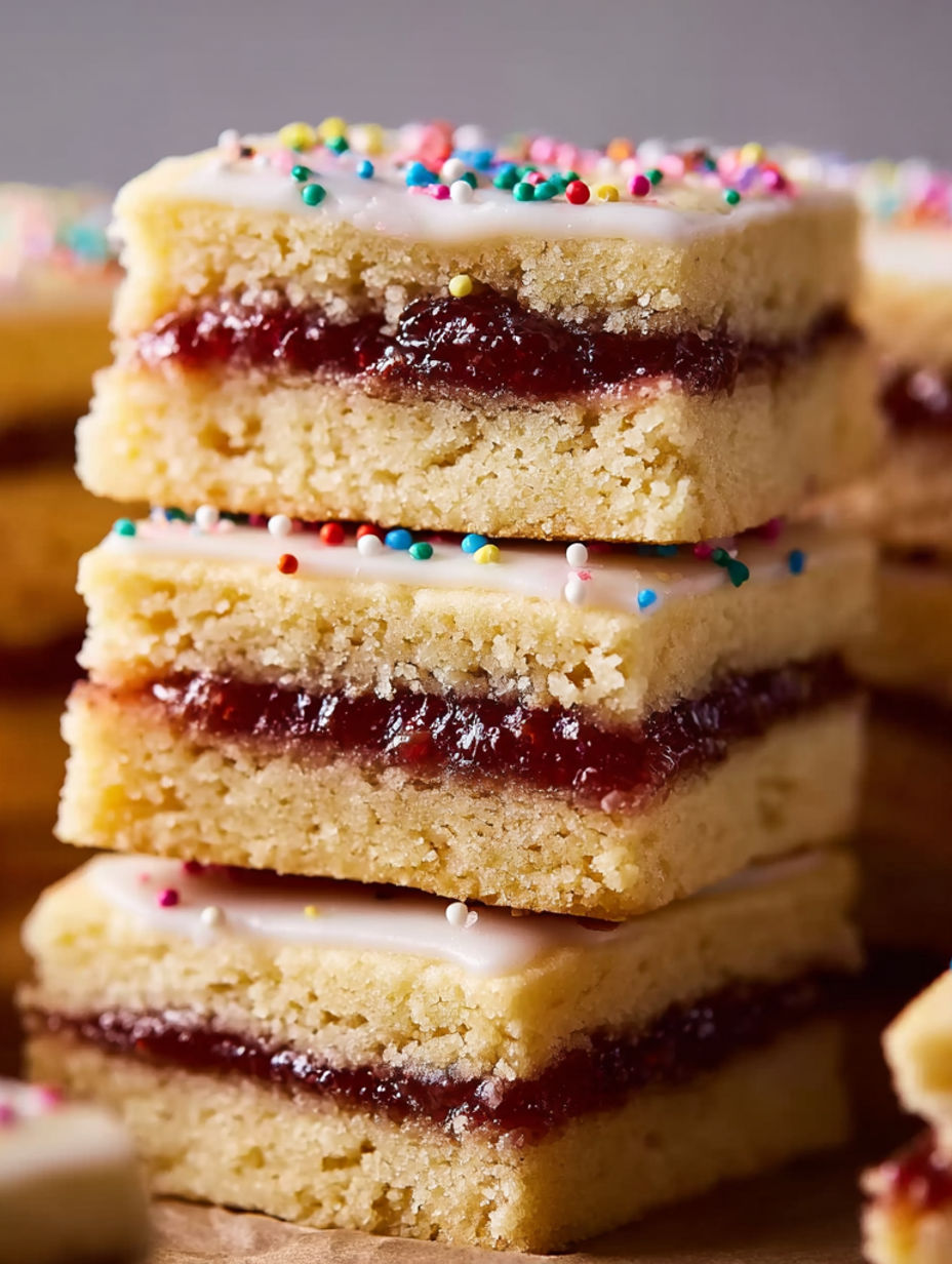A stack of cookie bars with white frosting and jam filling.