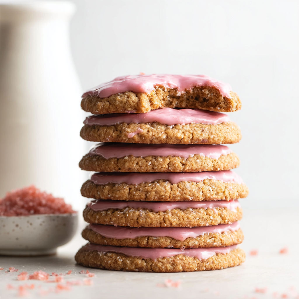 A stack of cookies with pink frosting.