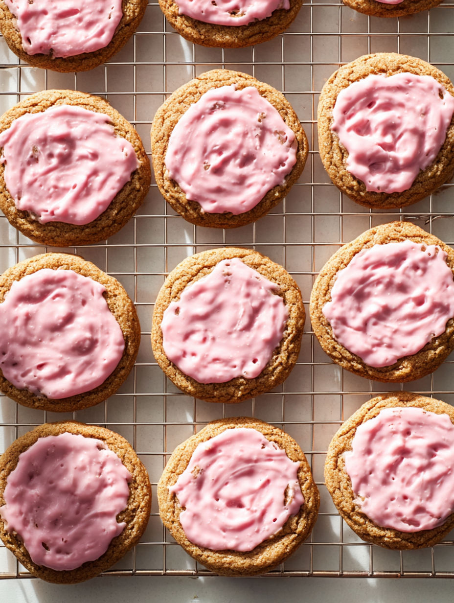 Pink cookies with white frosting.