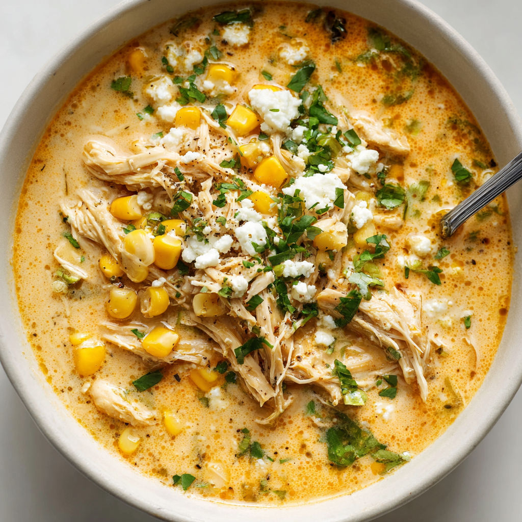 A bowl of soup with chicken, corn, and cheese.