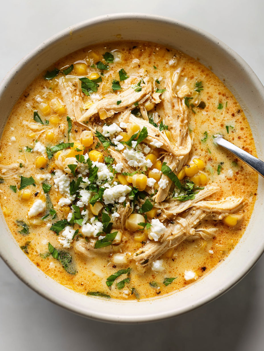 A bowl of soup with chicken, corn, and cheese.