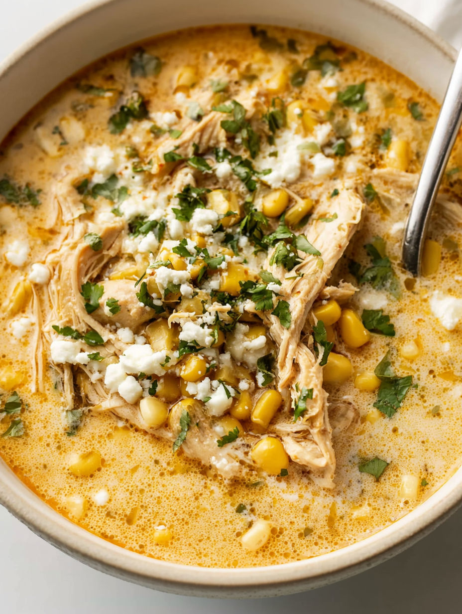 A bowl of soup with chicken and corn.