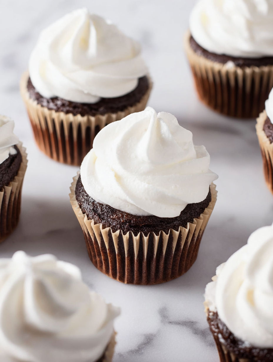 A cupcake with white frosting and chocolate frosting.