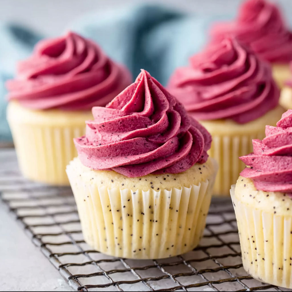 Three cupcakes with red frosting and yellow cake.