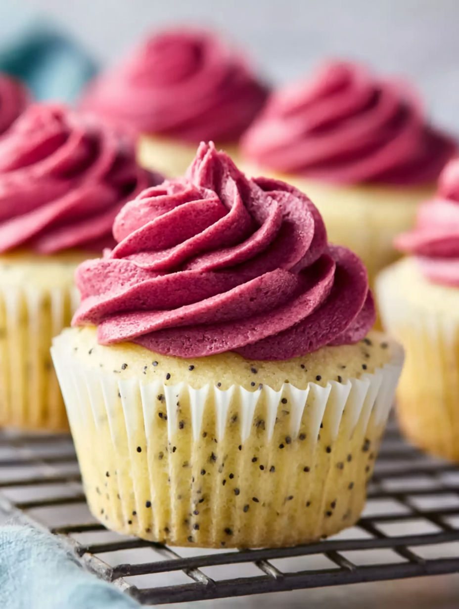 A cupcake with a purple frosting and a yellow cake.
