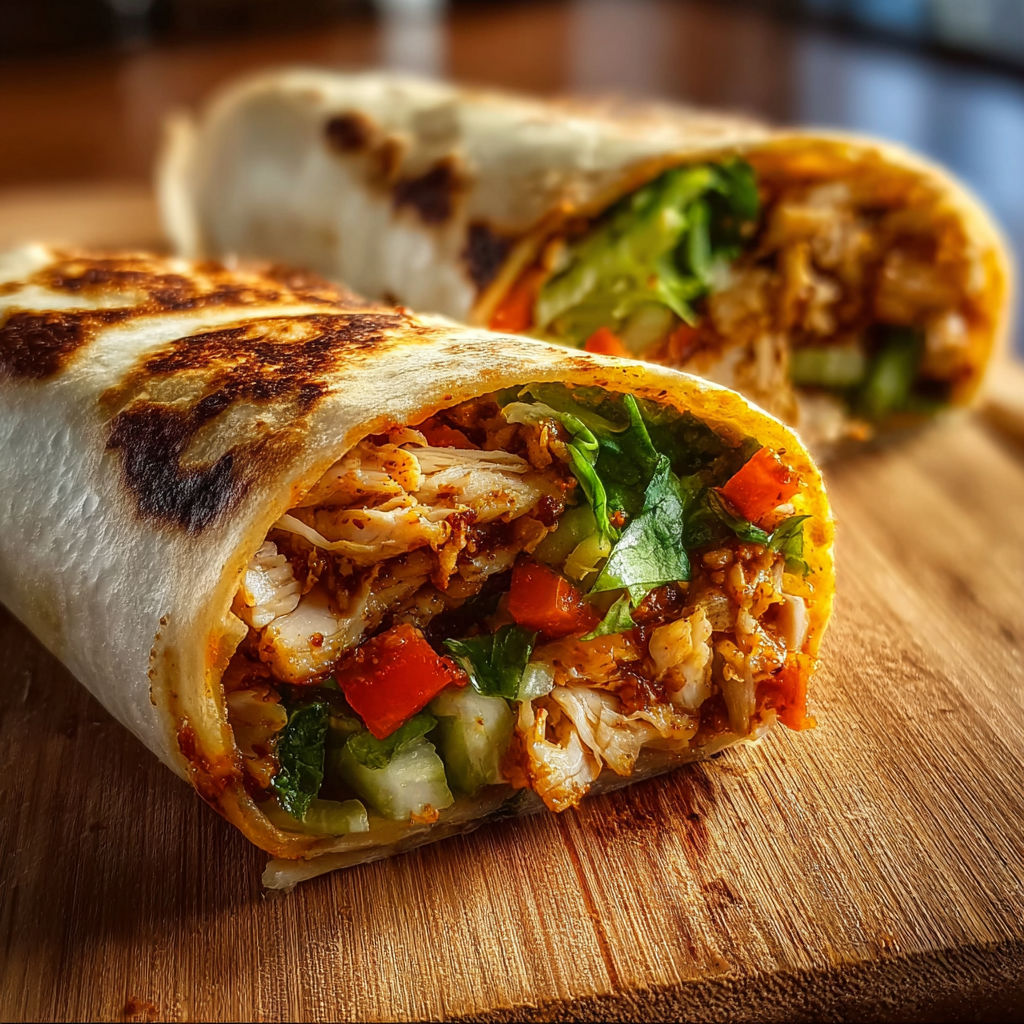 Two sweet chili chicken wraps on a wooden table.