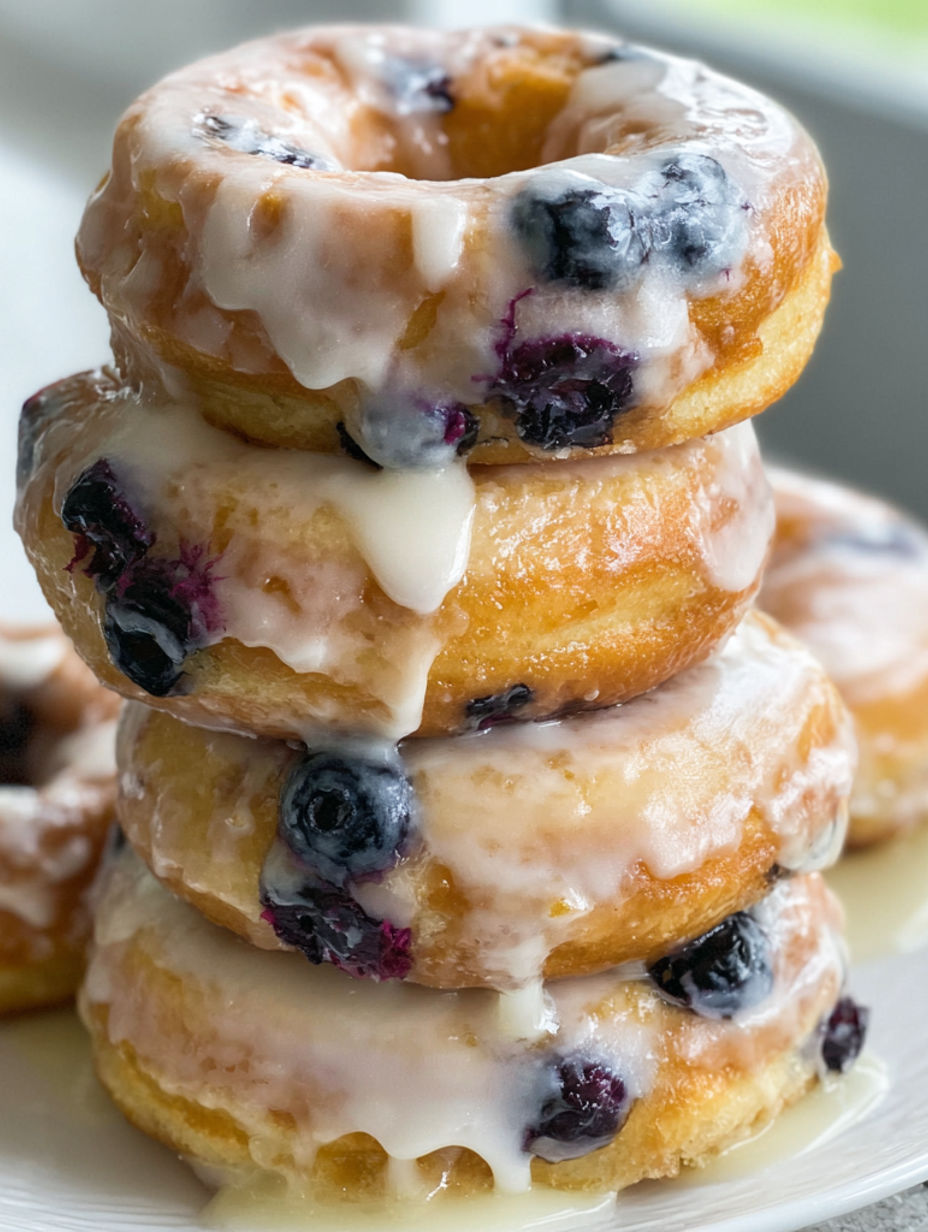 A stack of glazed blueberry donuts.