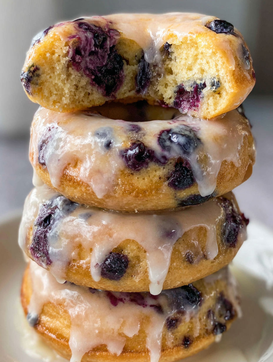 Three stacked glazed blueberry donuts.