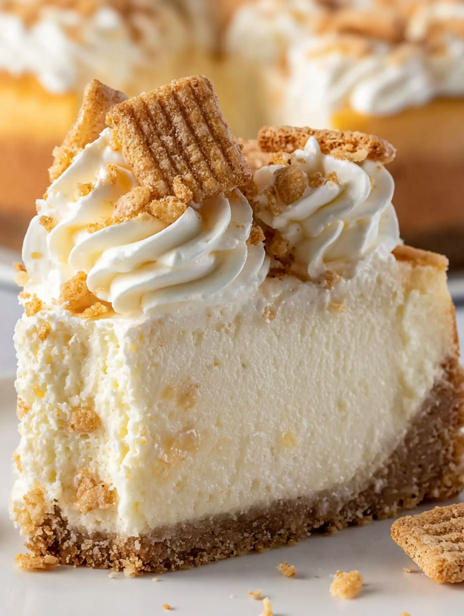 A slice of cinnamon toast crunch cheesecake.