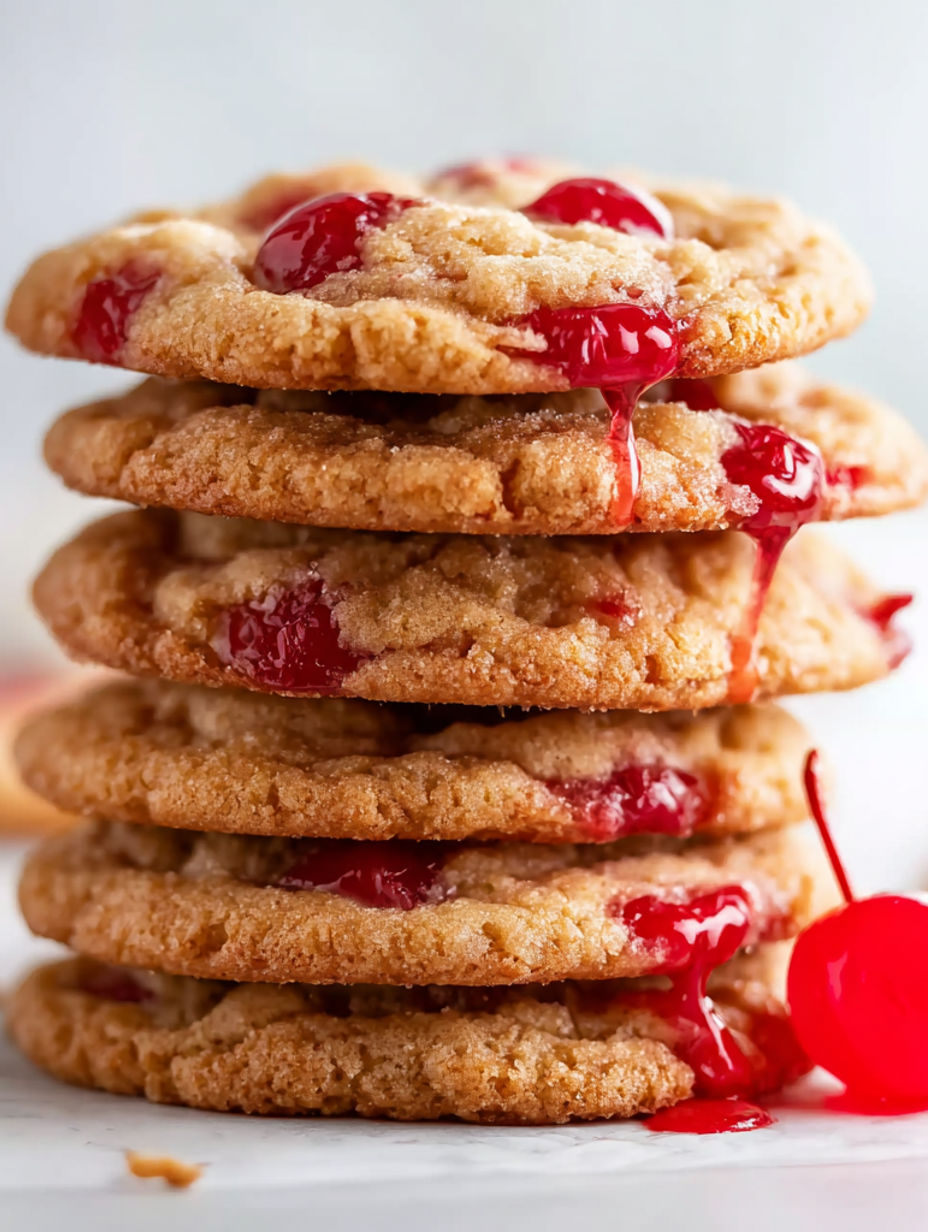 A stack of cookies with cherry and almond toppings.