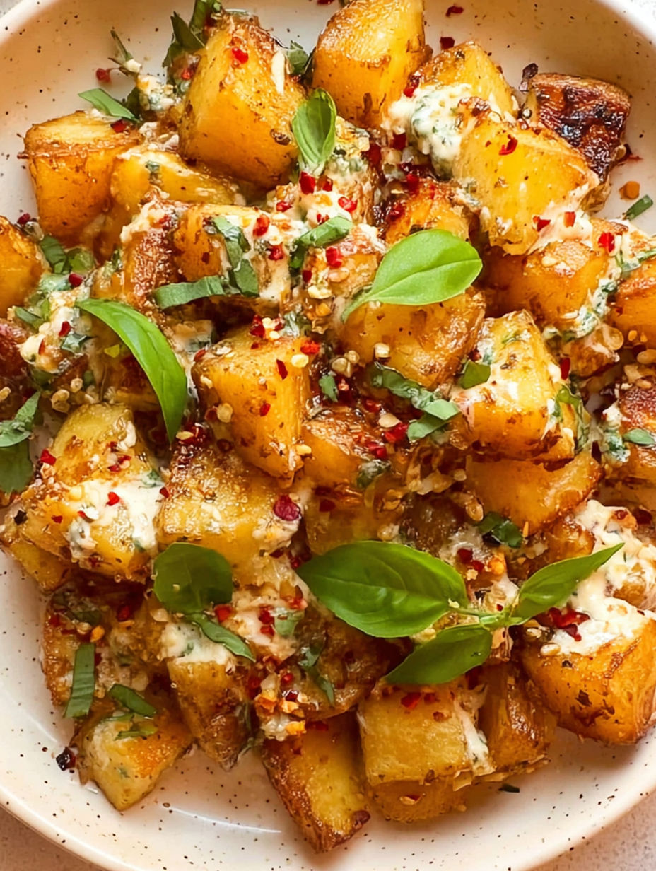 A dish of feta-covered potatoes.