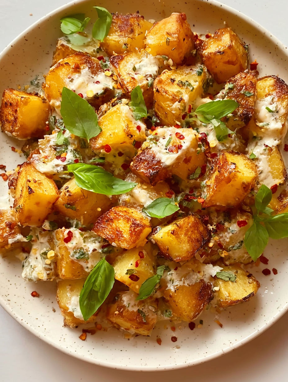 A plate of fried potatoes with feta cheese and herbs.
