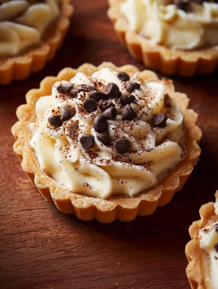 A small pastry with chocolate and cream filling.