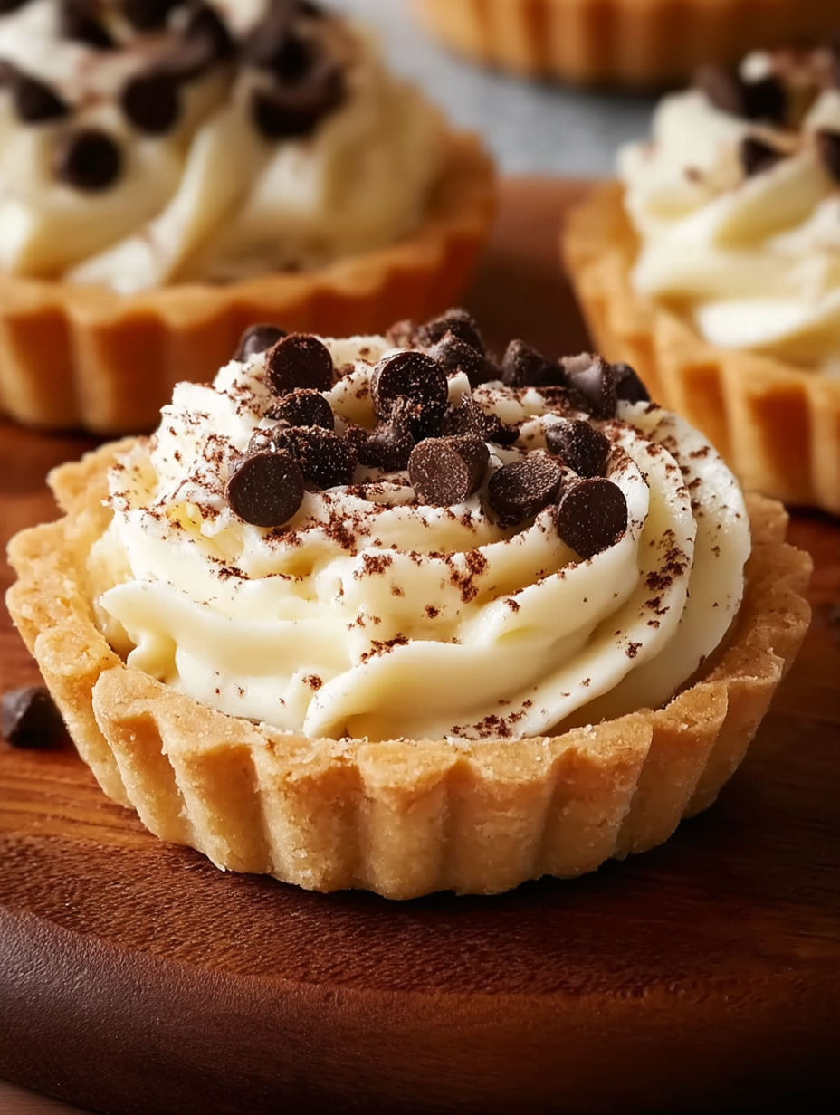 A small pastry with white cream and chocolate chips.