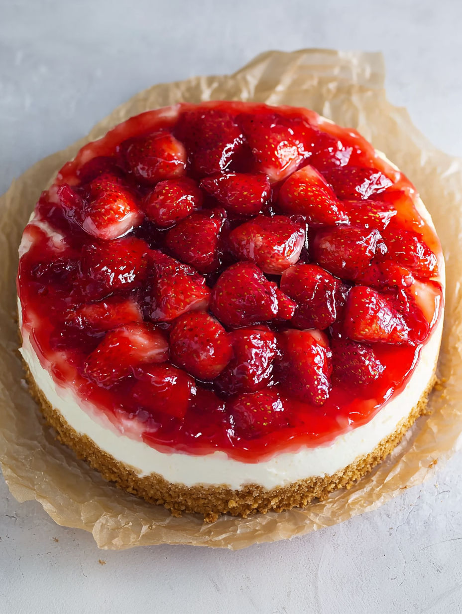 A slice of strawberry cheesecake on a paper towel.