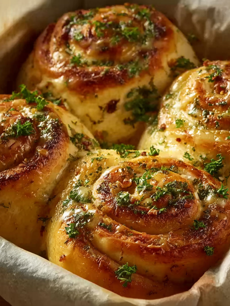 A tray of buttery cheese garlic rolls.