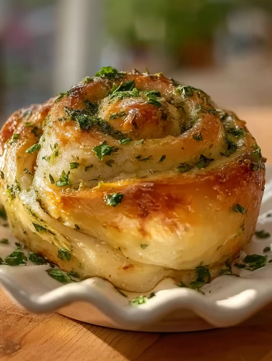 A buttery cheese garlic roll is on a white plate.