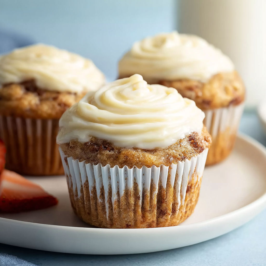 Three muffins with white frosting and bananas.