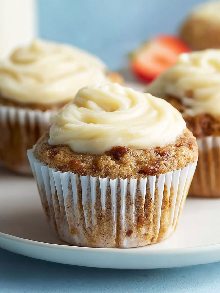 Two muffins with white frosting and banana slices.