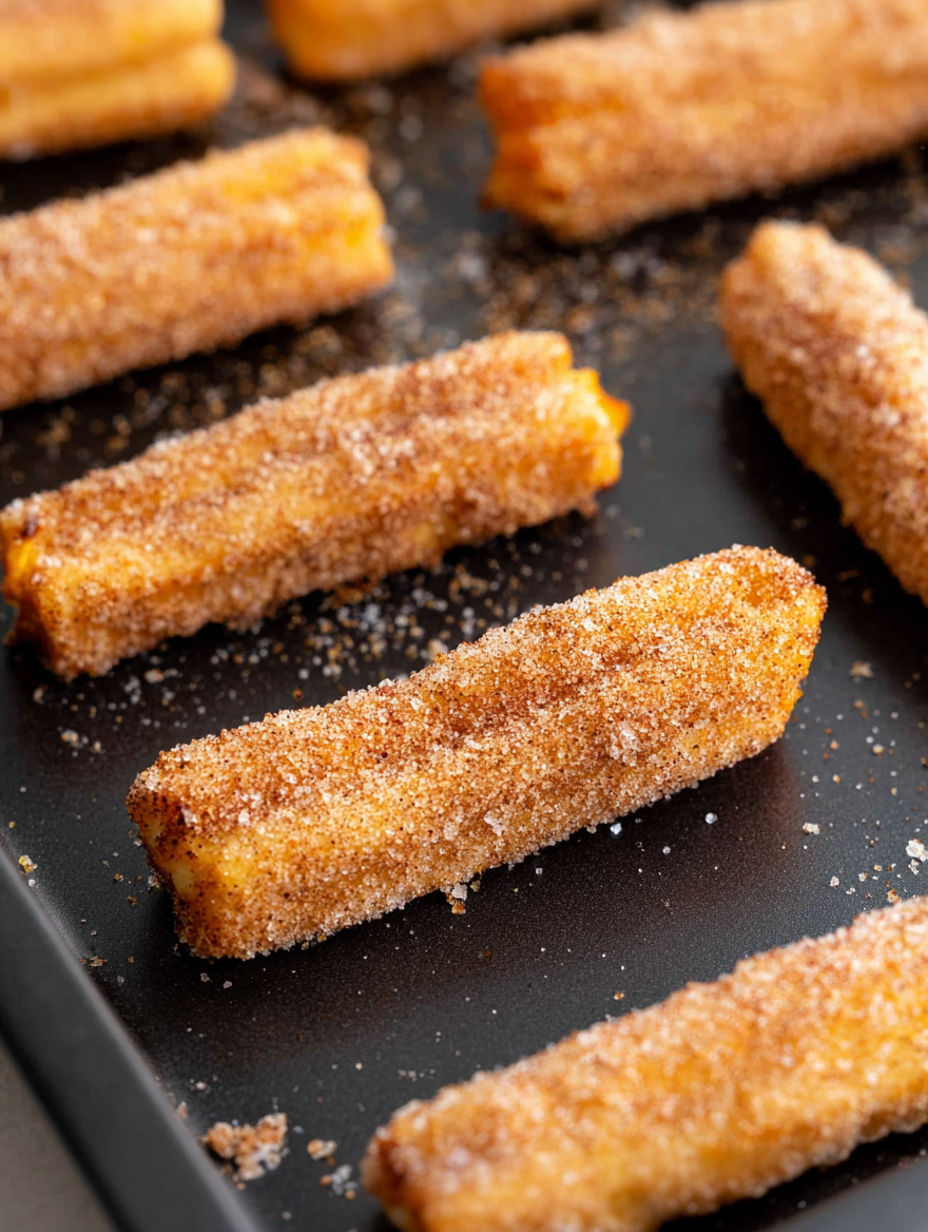 A tray of fried dough with sugar on it.