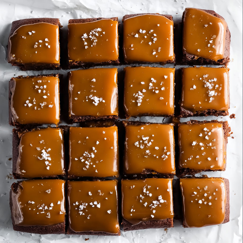 A square of brownies with caramel and pretzel toppings.