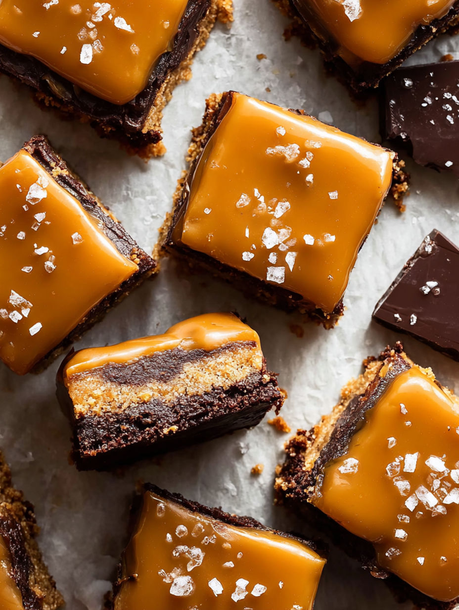 A close up of a caramel and pretzel bottomed brownie.