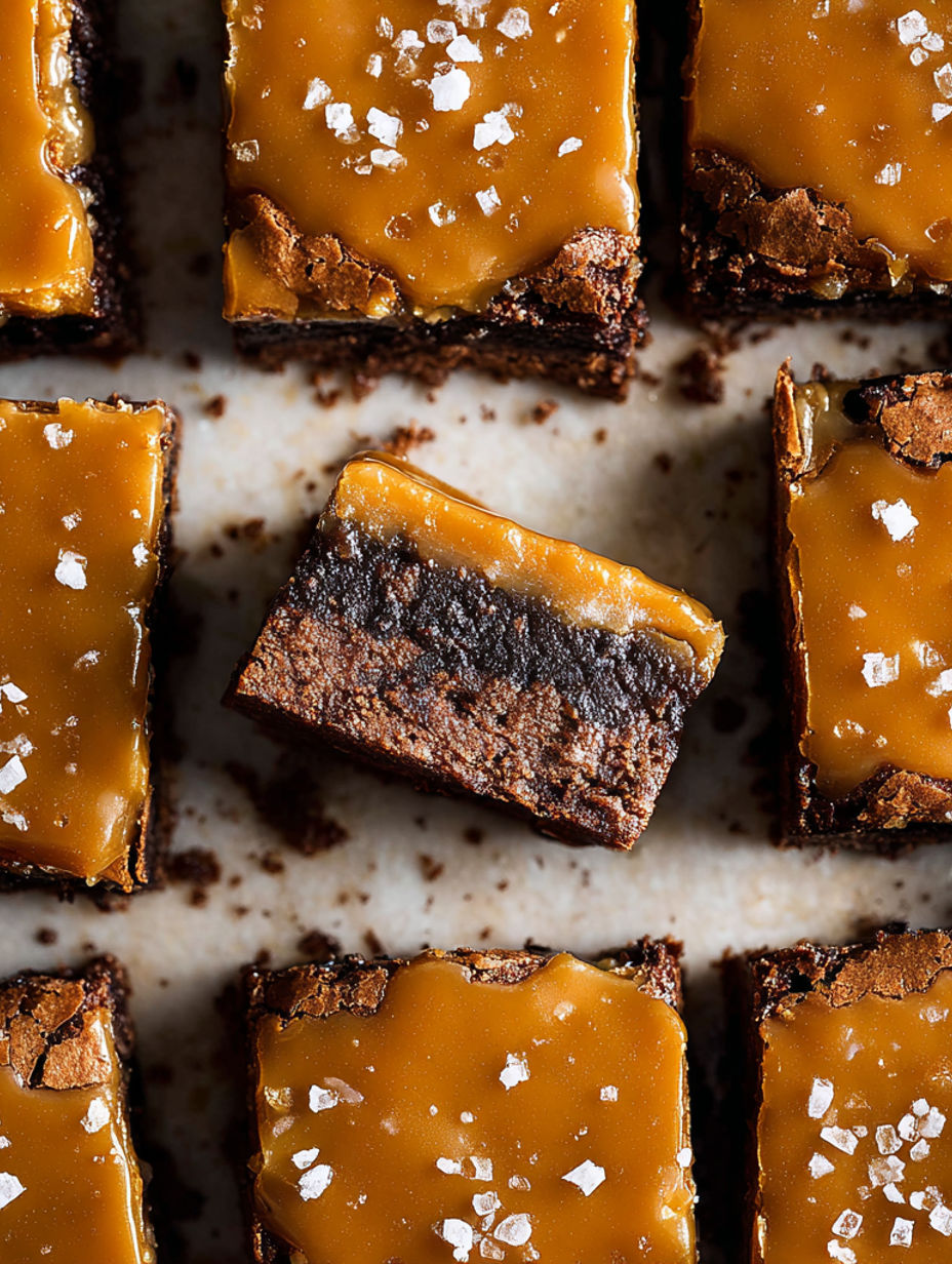 A close up of a caramel and brownies with a pretzel on top.