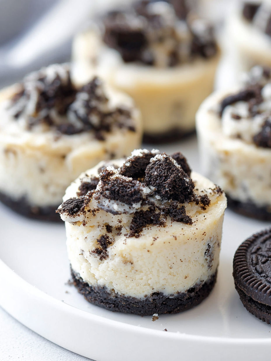 Four mini Oreo cheesecakes on a plate.