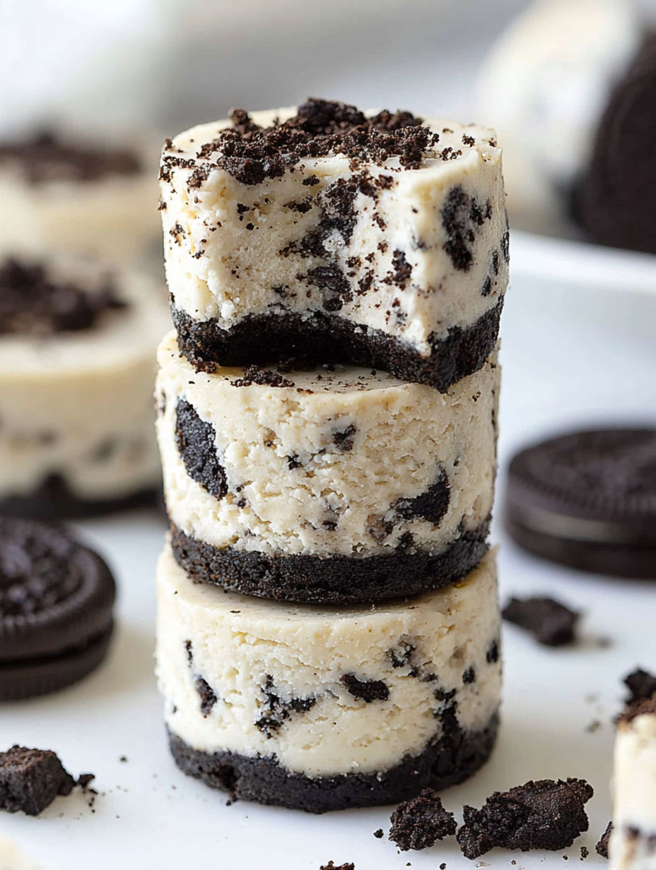 Three mini Oreo cheesecakes stacked on top of each other.