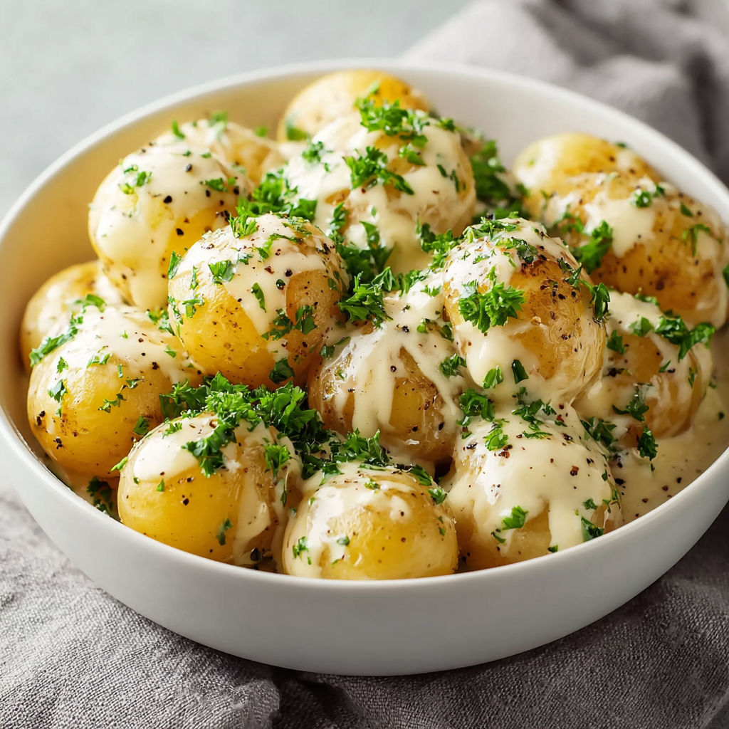 A bowl of potatoes with cream on top.