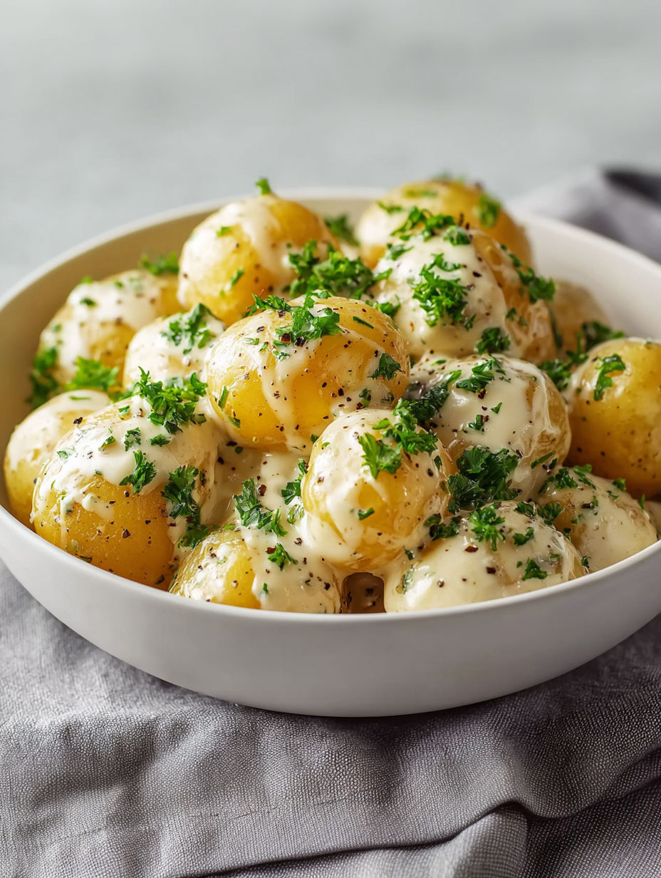 A bowl of potatoes with cream on top.