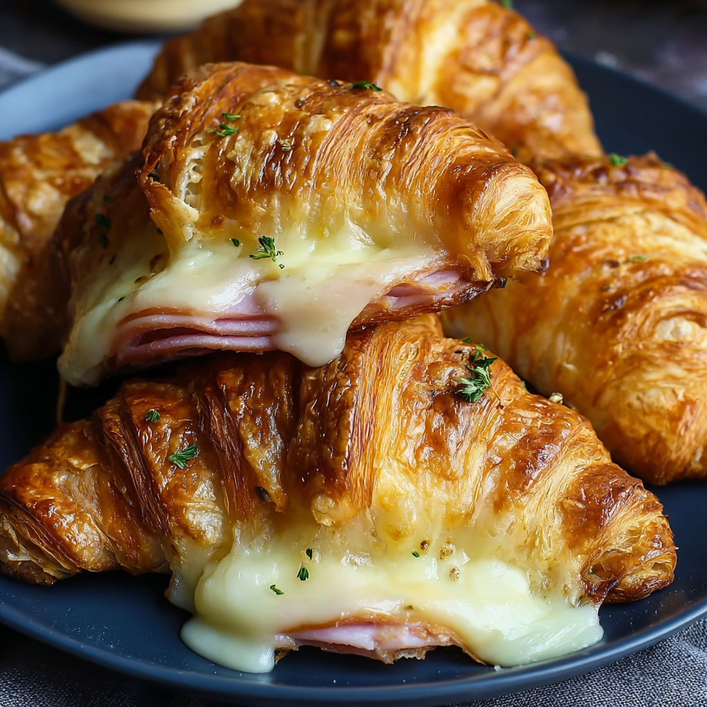 A plate of croissants with cheese and ham.