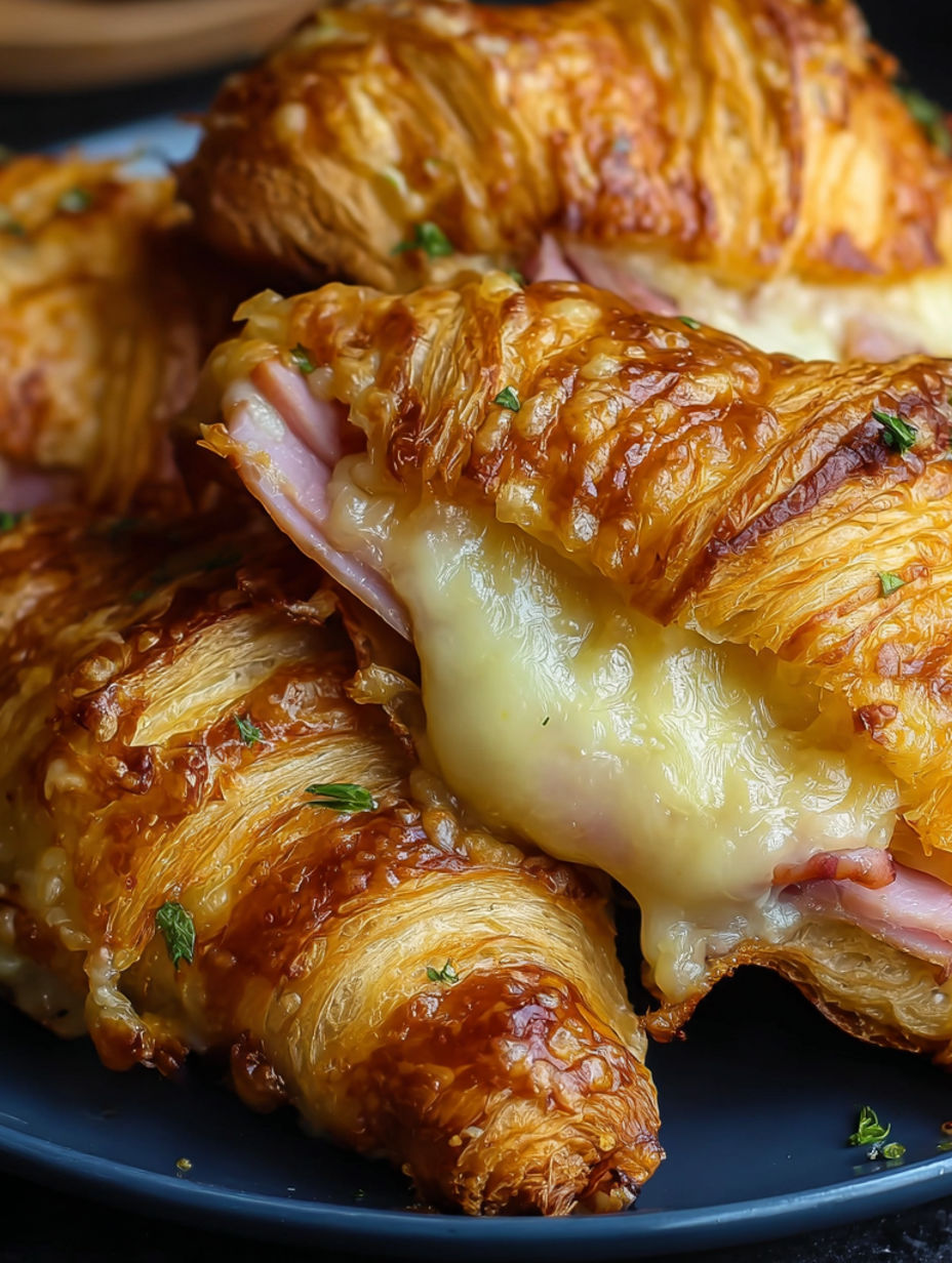 A close up of a croissant with ham and cheese.