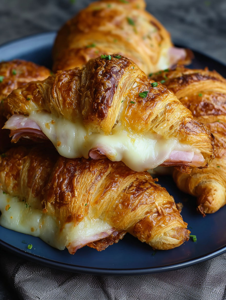 A plate of croissants with cheese and ham.