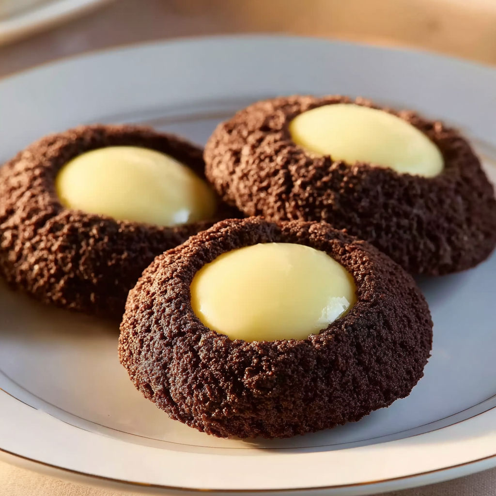 Three chocolate cookies with white frosting.