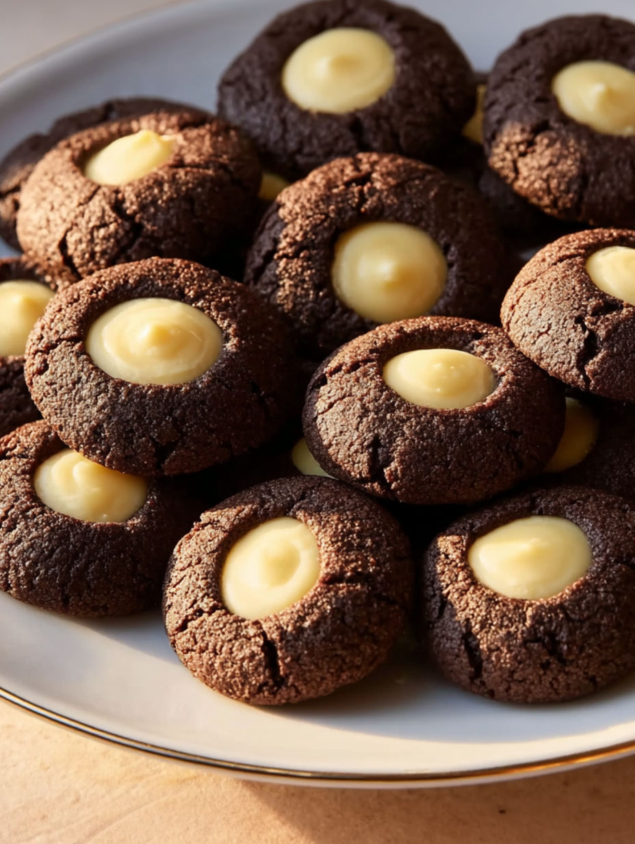 A plate of chocolate cookies with white frosting.
