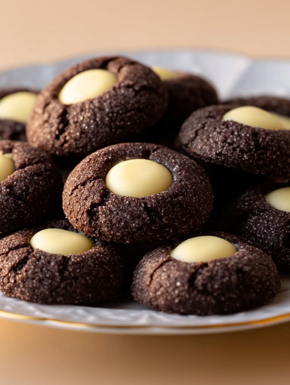 A plate of chocolate cookies with white frosting.
