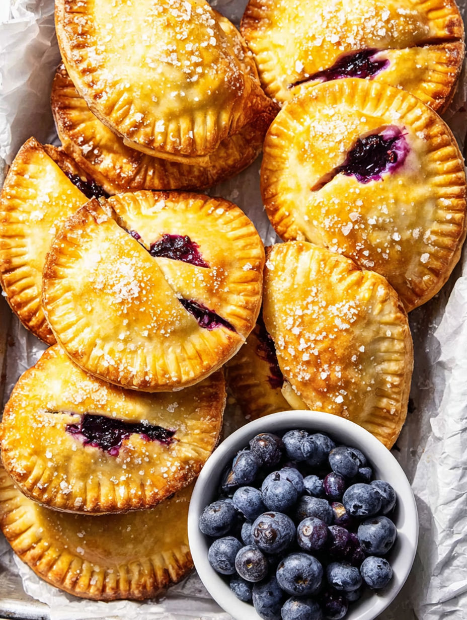 A bowl of blueberries next to a tray of blueberry hand pies.