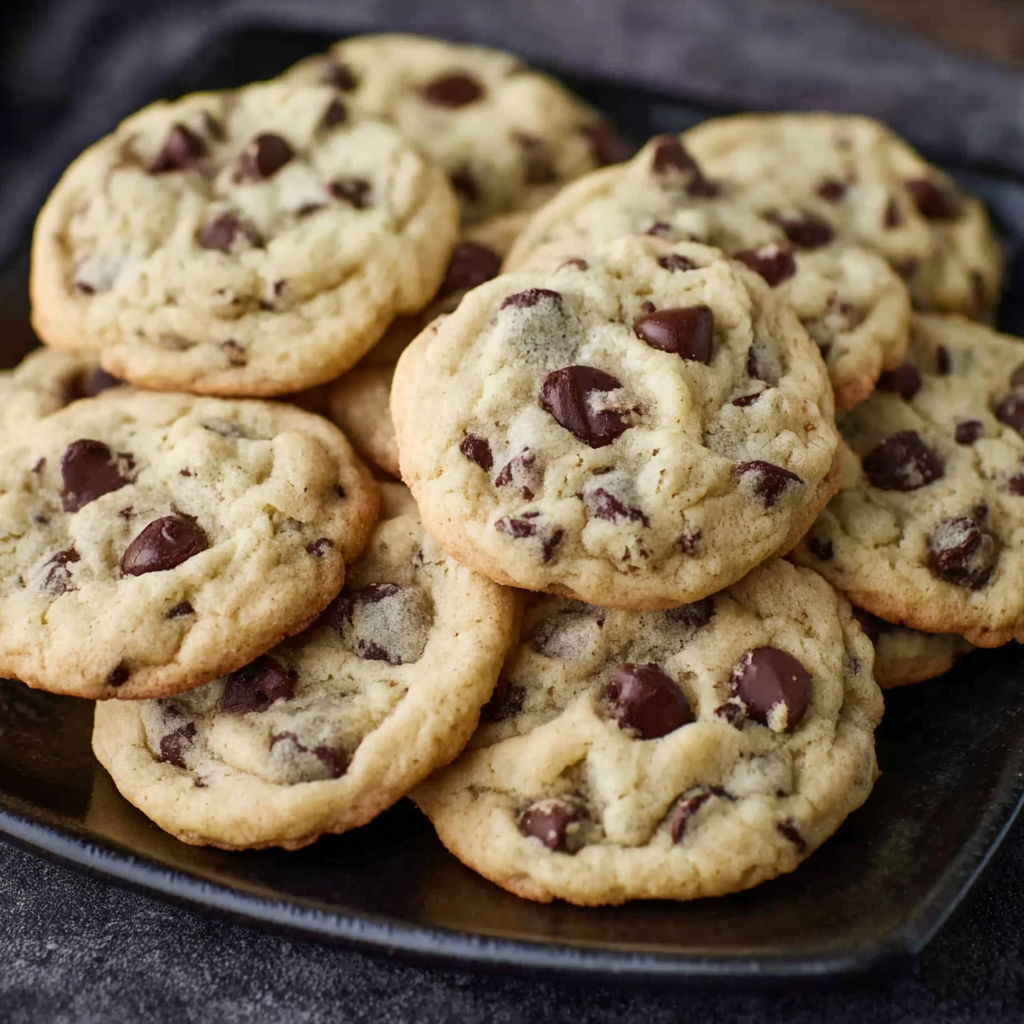 A plate of chocolate chip cookies.