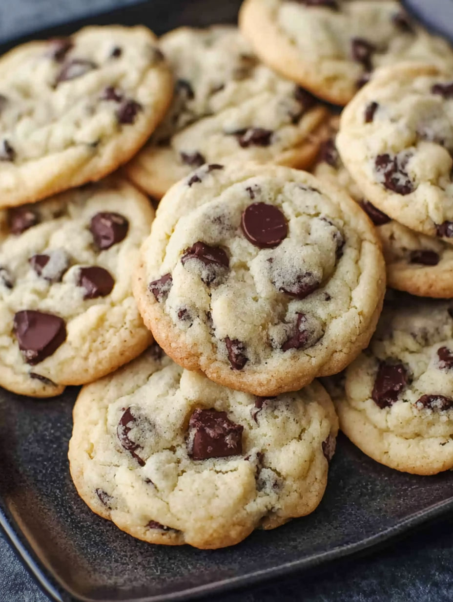 A plate of chocolate chip cookies.