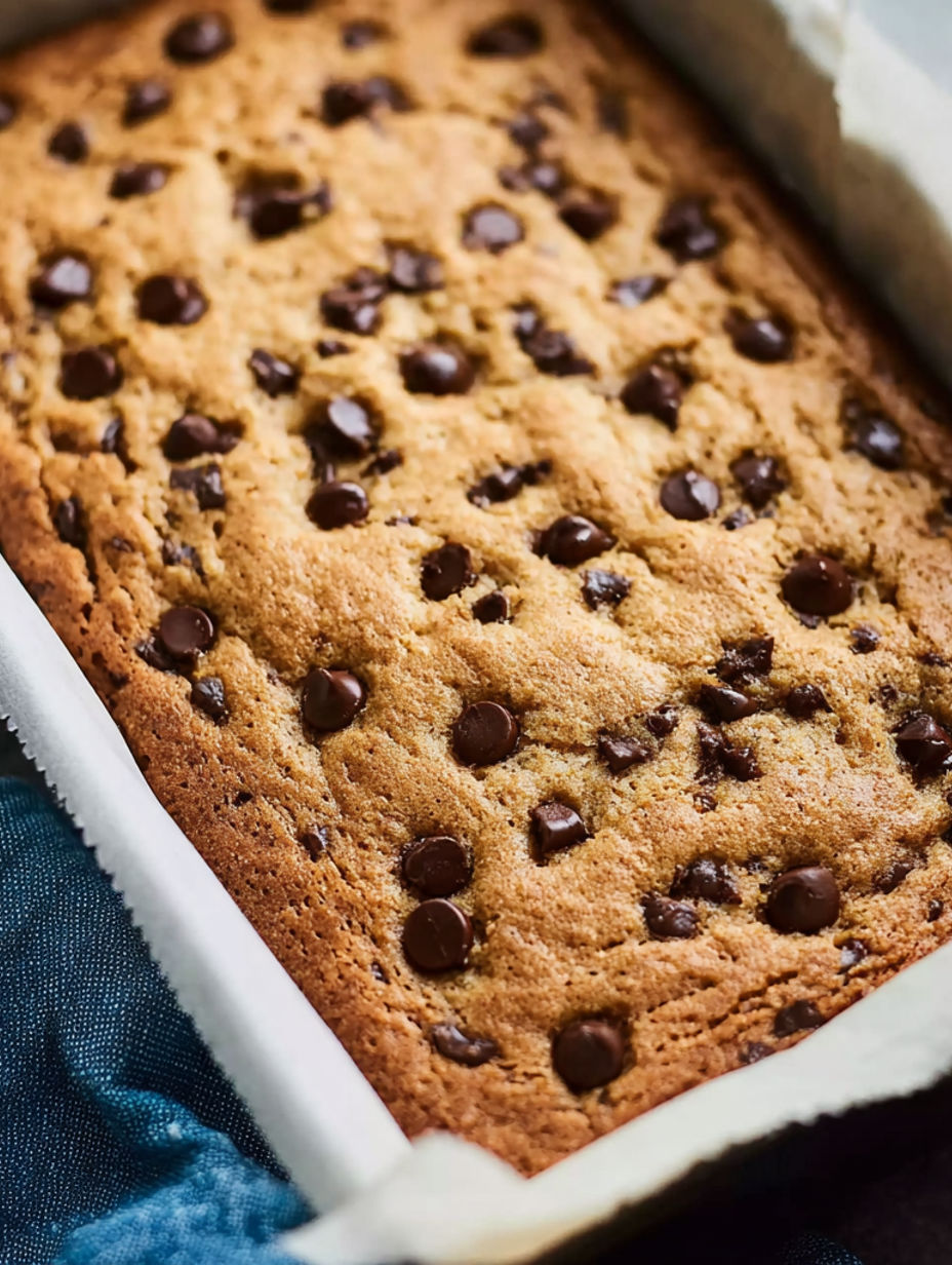 A moist banana bread blondie with chocolate chips.