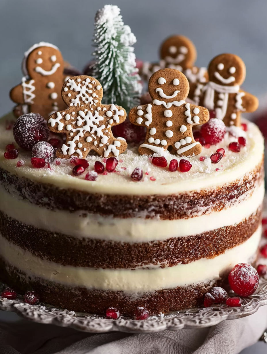 A cake with gingerbread men on top.