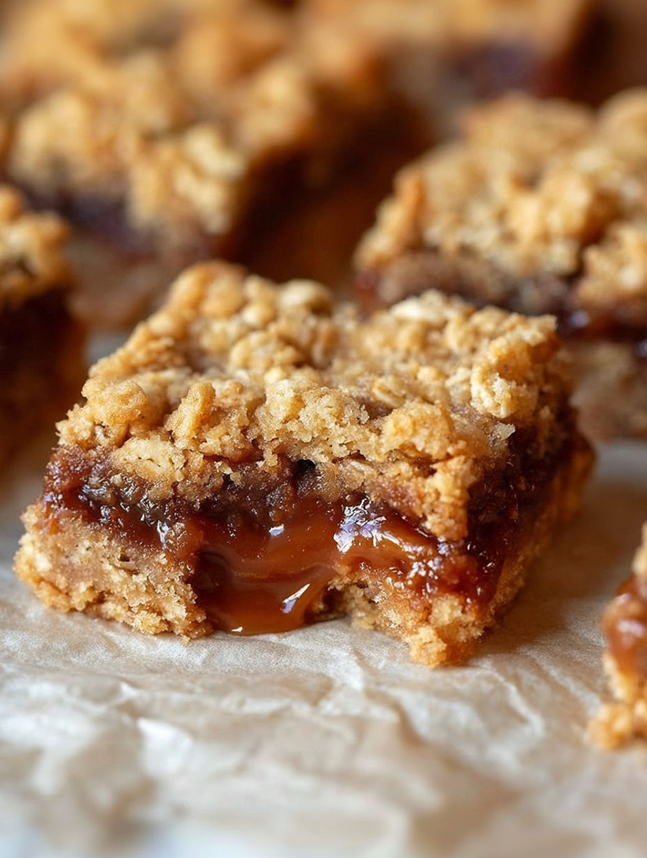 A close up of a caramel oatmeal bar.