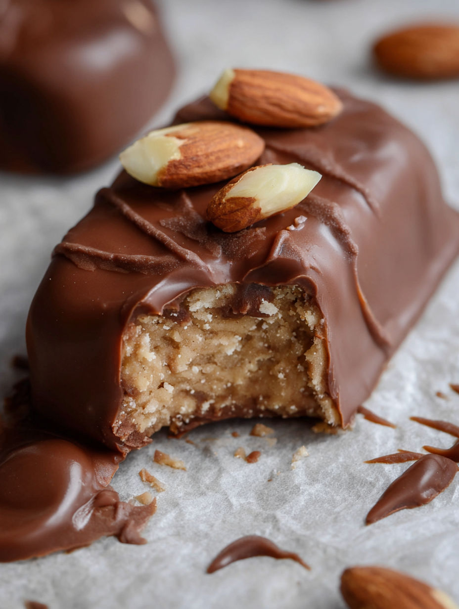 A chocolate bar with peanut butter and almonds on top.