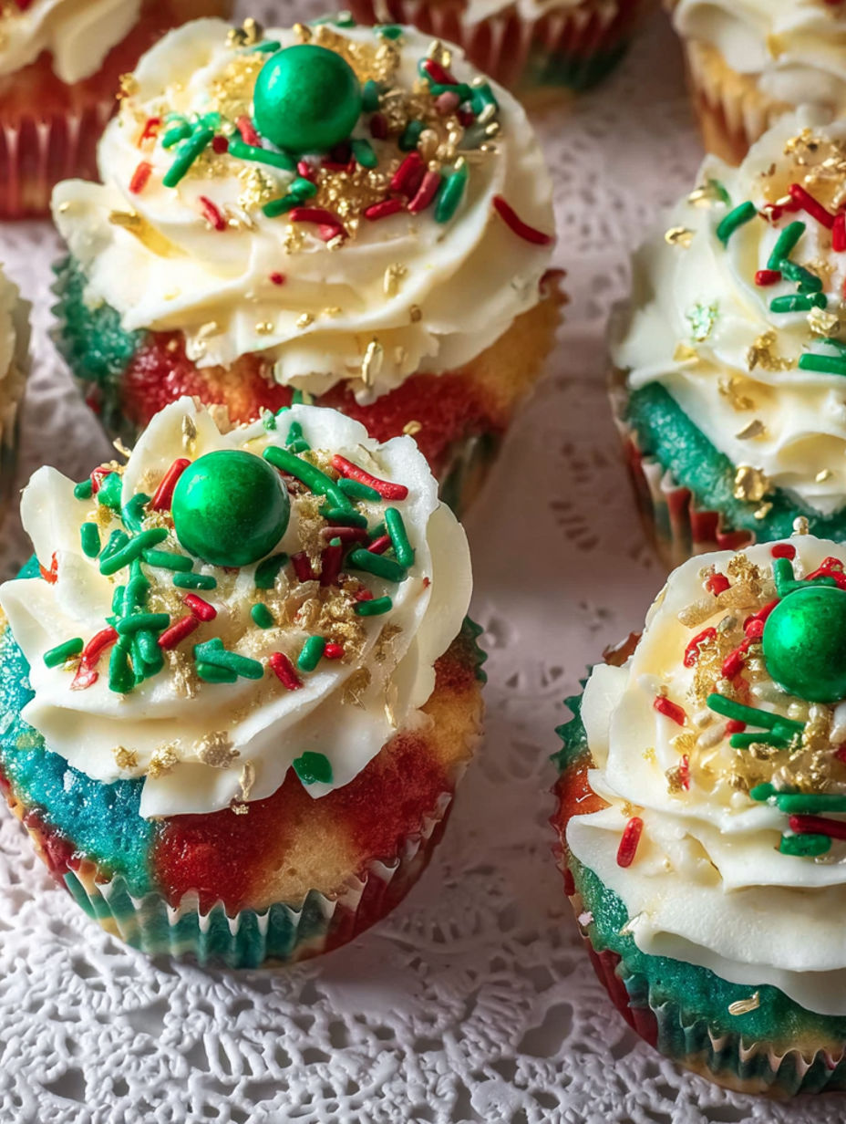 A cupcake with a green and red frosting.