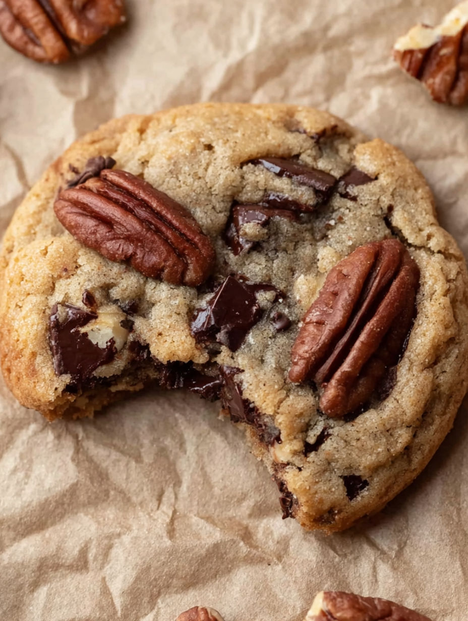 A half eaten chocolate chip cookie with pecans.