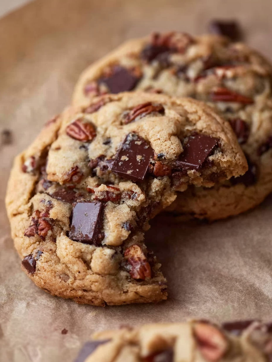 A slice of chocolate chip cookie with pecans.