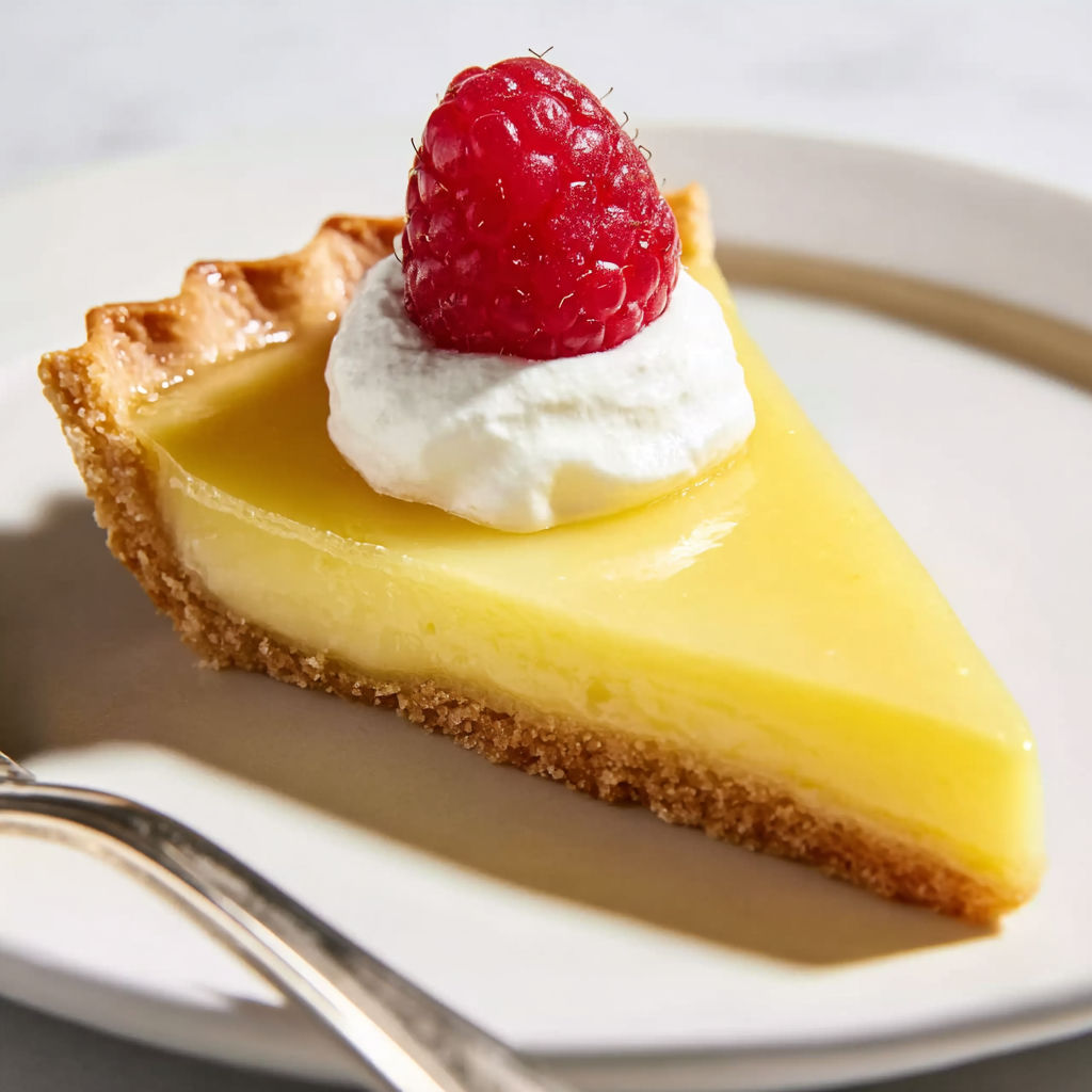 A slice of French lemon cream tart with a dollop of whipped cream on top.