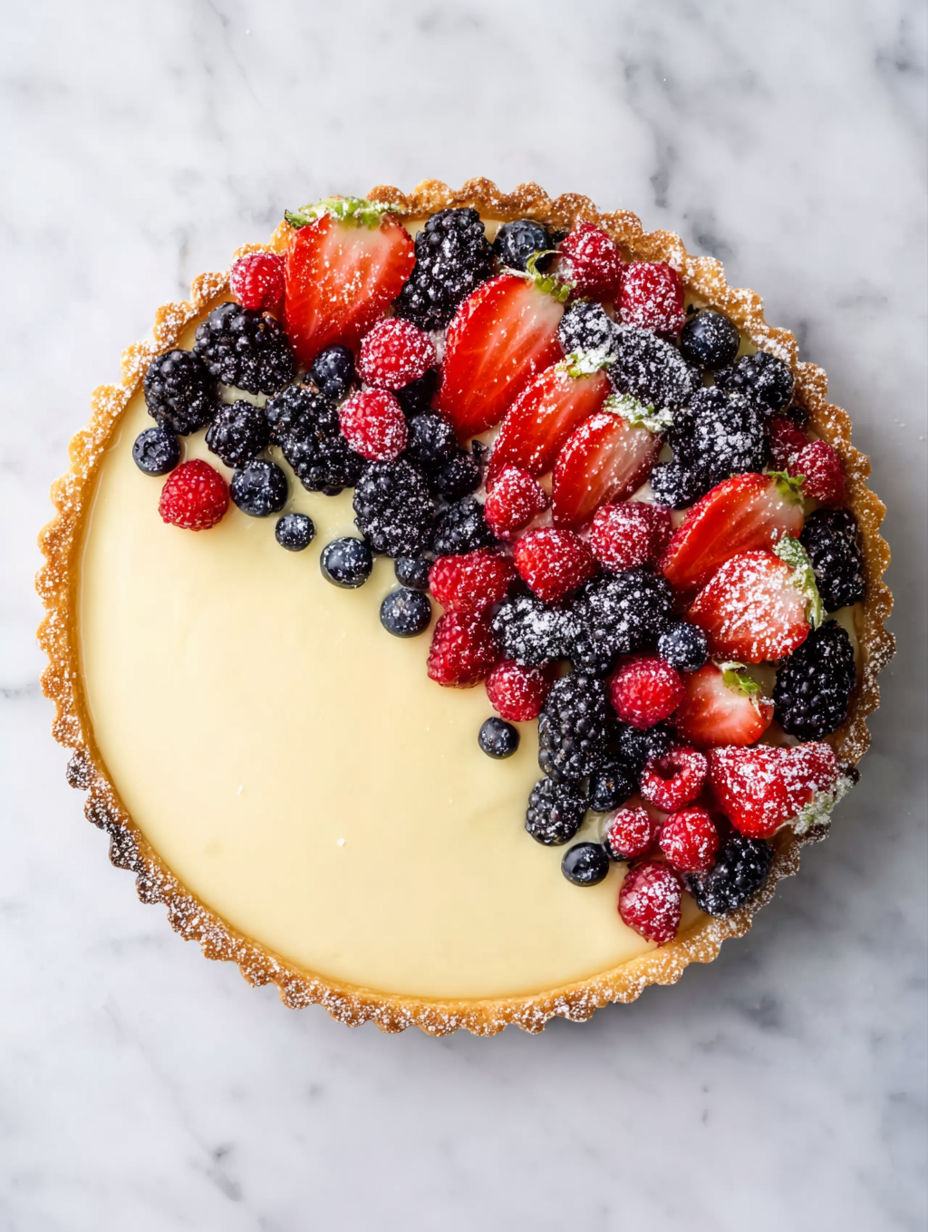 A French lemon cream tart with berries on top.